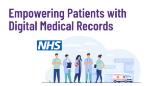 Empowering Patients with Digital Medical Records title with cartoon health workers
