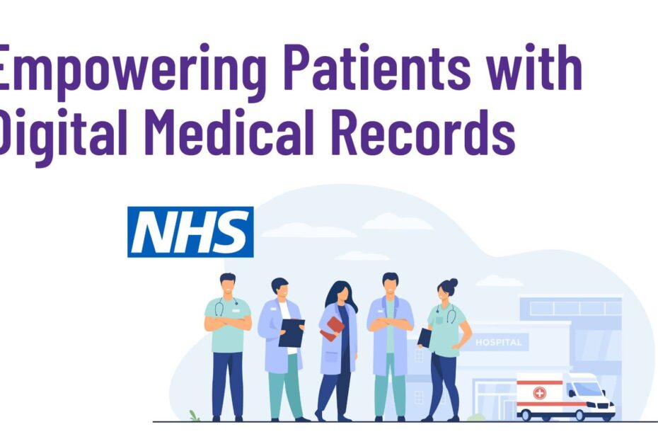 Empowering Patients with Digital Medical Records title with cartoon health workers